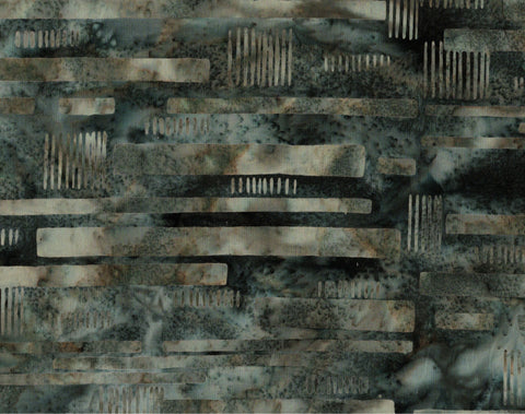 Grey Green Batik Fabric for Patchwork, Quilting, Sewing and Textile Art: Grey Green and Light Tan Geometric Stripes on Grey Hoffman Batik/CAWBG 762 H