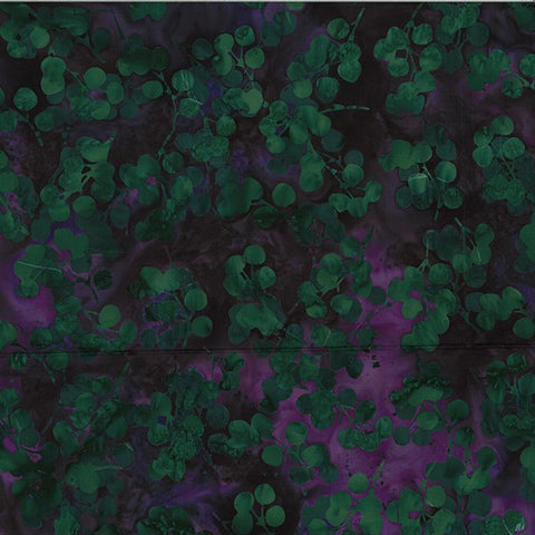 CAG 1030H Dark Green Leaf Sprays on Violet Background Hoffman Batik Fabric for Patchwork and Quilting