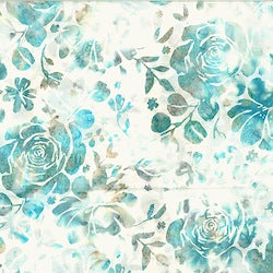 CAB 733H Pale Turquoise Sage Roses on Off White Batik Fabric for Patchwork and Quilting