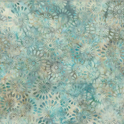 CAB 732H Pale Blue Flowers on Aqua, Tan and Pale Blue Batik Fabric for Patchwork and Quilting