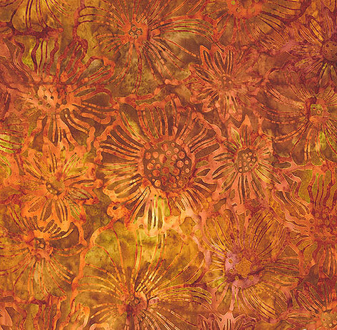 CAOY 218K Gold Orange and Brown Blooms Kaufman Batik Fabric for Patchwork and Quilting