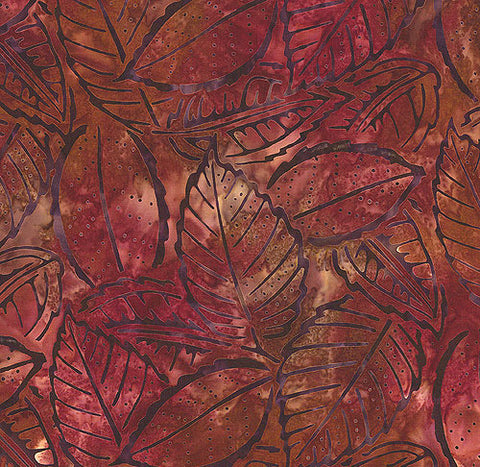 CAR 415K Dark Burgundy Red with Charcoal Black Leaves Batik for Patchwork and Quilting
