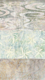 A close-up of a batik fabric with three horizontal patterned bands. The top band features wavy organic lines in muted gray, beige, and sage green.