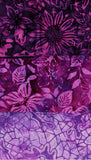 Three horizontal bands of batik fabric with purple and magenta floral and leaf patterns, featuring a watercolor crackle texture at the bottom.