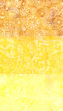 Collection of 3 Fat Quarters Yellow and gold patterned fabric with a textured batik design, featuring circular mandala motifs on the top section and abstract geometric patterns on the bottom.