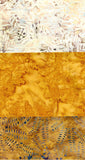 Three Fat Quarters of batik fabric patterns: a cream and beige floral design at the top, a textured golden yellow middle, and a gold and blue patterned bottom.