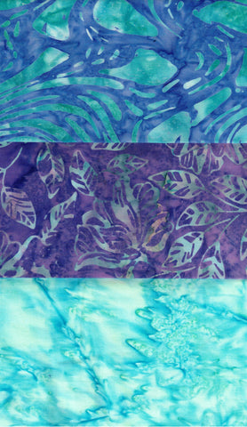 SBFQ3-67 Stash Builder Coordinating Aqua Purple Prints [3 Fat Quarters] Batik Fabric Patchwork and Quilting