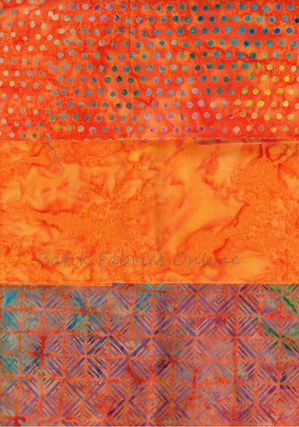 SBFQ3-6 Stash Builder Coordinating Prints Orange and One Tonal [3 Fat Quarters] Batik Fabric Patchwork and Quilting
