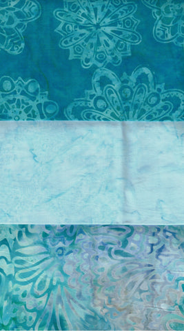 SBFQ3-73 Stash Builder Coordinating Aqua Prints and Tonal [3 Fat Quarters] Batik Fabric Patchwork and Quilting