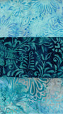 Three horizontal bands of batik fabric patterns in shades of blue, teal, and turquoise, featuring floral and paisley motifs.