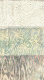 A close-up of a patterned textile showing three horizontal bands: a cream top section with dotted floral motifs, a muted green middle band with pale yellow floral shapes, and a lower taupe/pink band with abstract swirls.