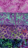 Four Fat Quarters of batik fabrics in purple, green, and blue tones, showing different textile designs.