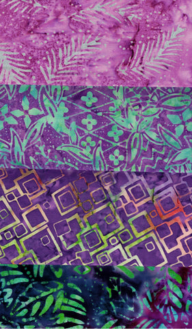 SBFQ4-106 Stash Builder Coordinating Purple Aqua Prints [4 Fat Quarters] Batik Fabric Patchwork and Quilting