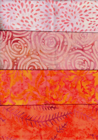 SBFQ4-17 Stash Builder Coordinating Prints Multi Orange Light Medium to Medium Dark Colour Value [4 Fat Quarters] Batik Fabric Patchwork and Quilting