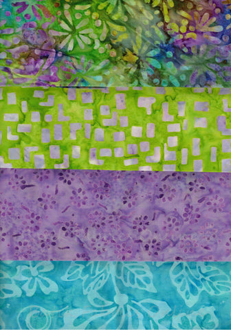 SBSQ4-6 Stash Builder [4 Skinny Quarters] Multi Lime Purple Aqua Medium Value Batik Fabric Patchwork and Quilting