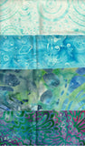 Collection of Batik fabric swatches with various abstract patterns in blue, green, and purple.
