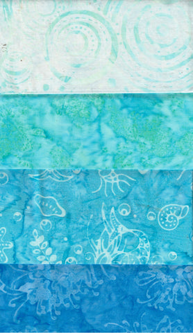 SBFQ4-83 Stash Builder Coordinating Prints Aqua Blue Light to Dark Colour Value [4 Fat Quarters] Batik Fabric Patchwork and Quilting