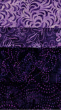 Four Fat Quarters of purple batik fabric with distinct patterns.