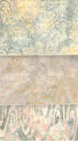 Three horizontal panels of abstract fabric swatches in soft pastel tones, featuring floral, scroll, and geometric designs in beige, sage green, blush pink, and light blue.