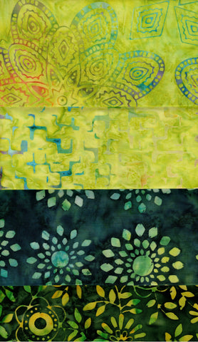 SBSQ4-20 Stash Builder [4 Skinny Quarters] Green Light - Dark Value Batik Fabric Patchwork and Quilting