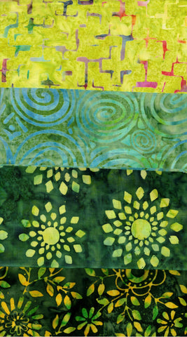 SBSQ4-19 Stash Builder [4 Skinny Quarters] Green Light - Dark Value Batik Fabric Patchwork and Quilting
