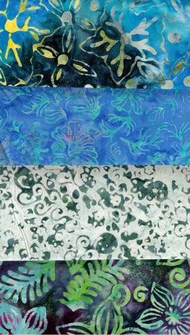 SBSQ4-28 Stash Builder [4 Skinny Quarters] Blue Green Prints Medium Colour Value Batik Fabric Patchwork and Quilting