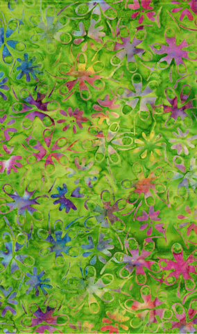 Green Batik Fabric for Patchwork, Quilting, Sewing and Textile Art: Small Multicoloured Flowers on Mid Green Timeless Tonga Batik/CAG 459 T